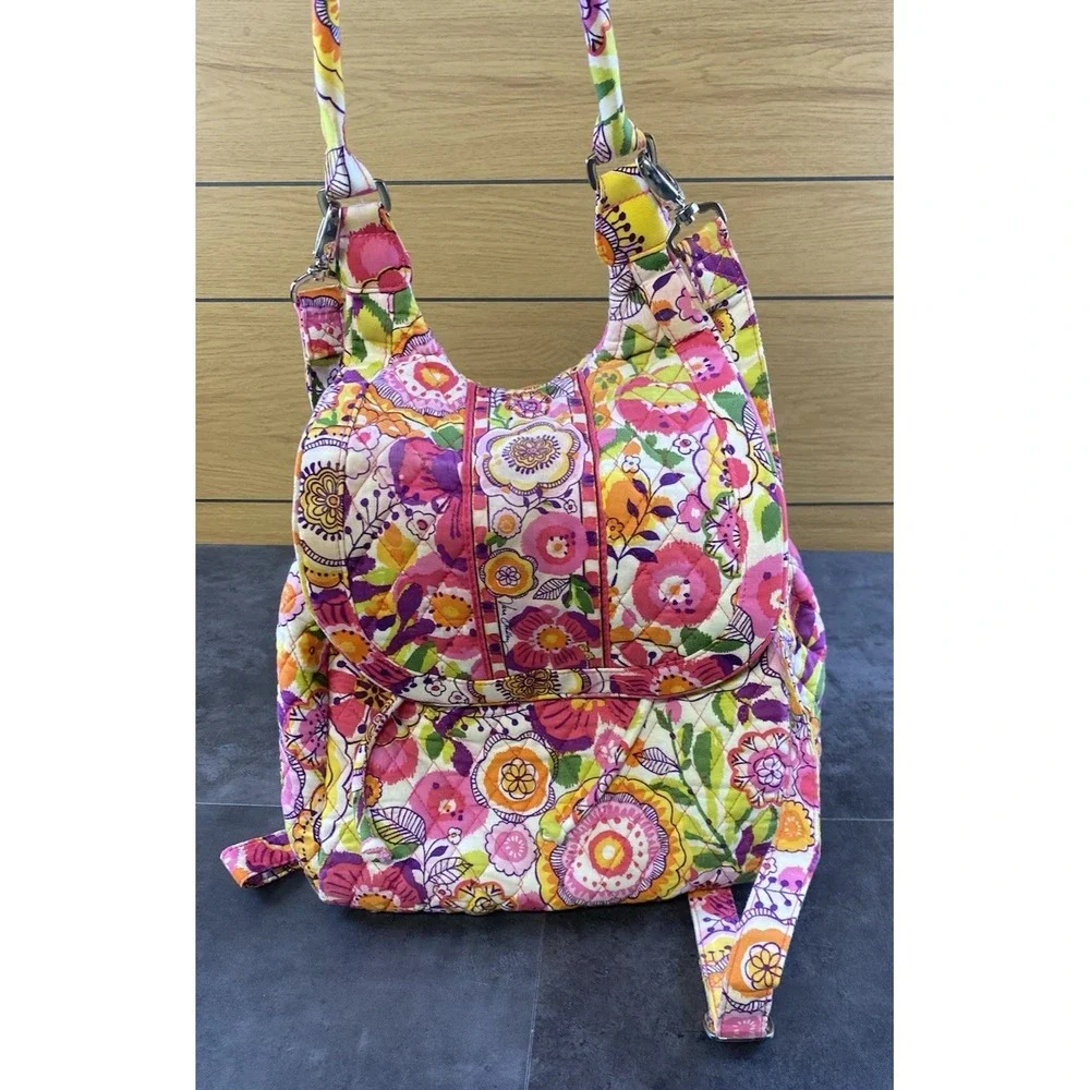 Vera Bradley Pink Floral Clementine Quilted Backpack Tote-CLEAN